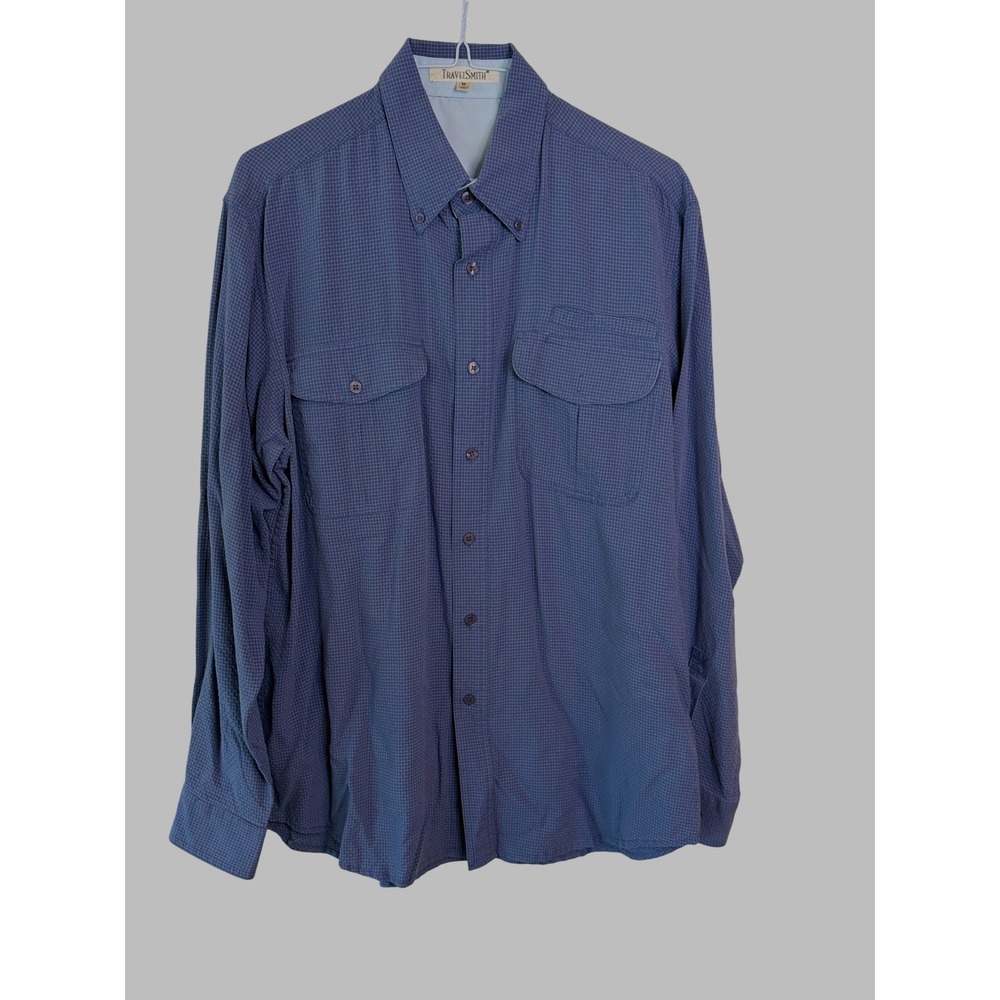 TravelSmith Mens Blue White Windowpane Check Long Sleeve Hiking Travel Shirt M